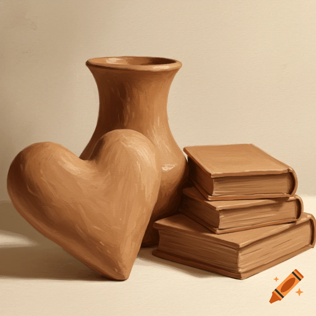 Still life with a clay heart, vase, and stacked books.