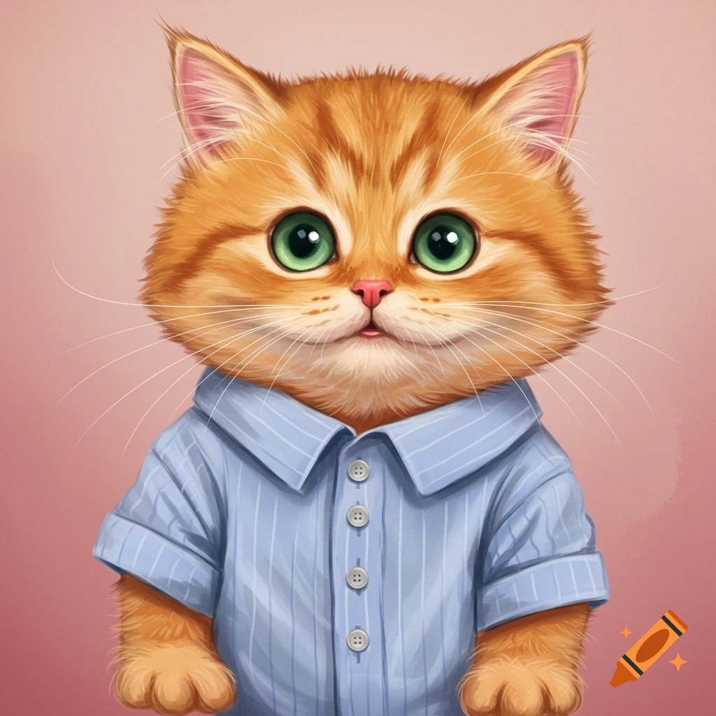 A cute orange kitten wearing a blue striped shirt.
