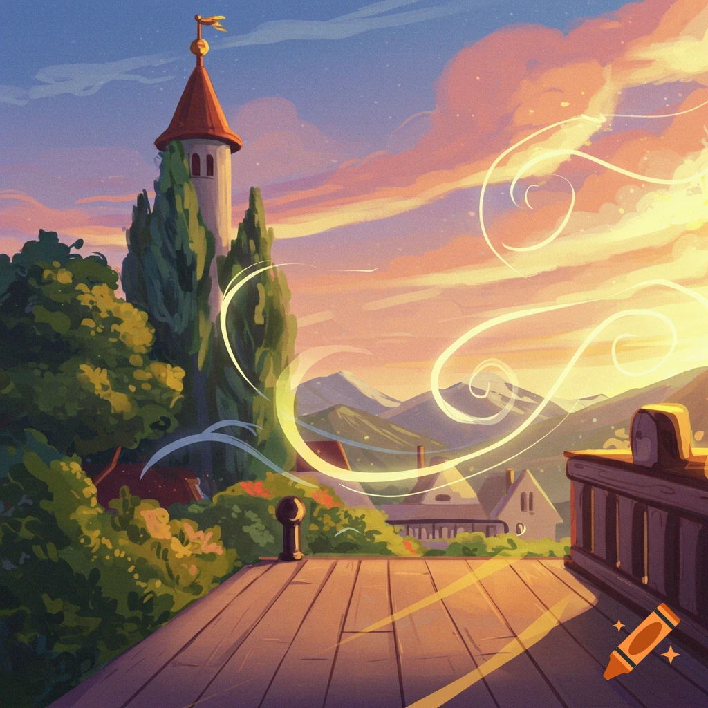 A tower and landscape at sunset with glowing swirls seen from a wooden deck.