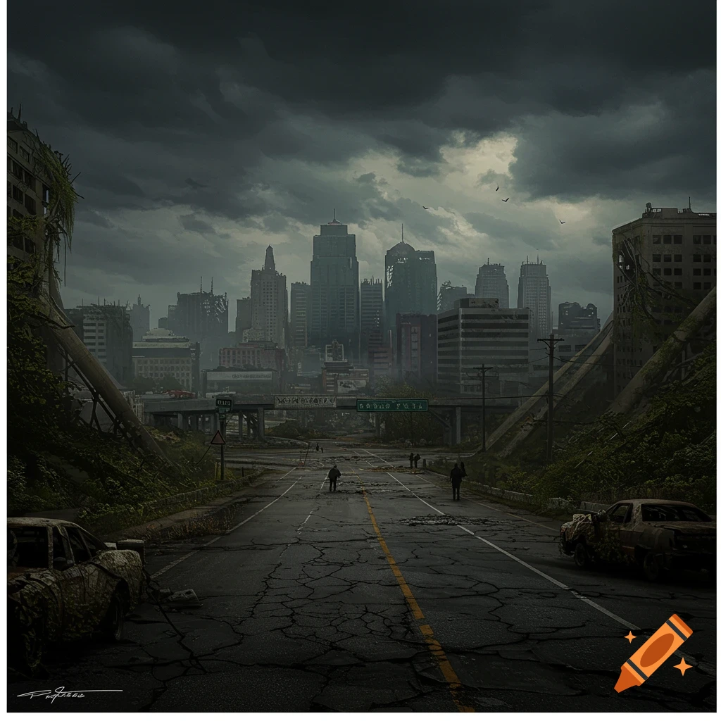 A ruined, post-apocalyptic city with cracked roads and abandoned cars. Figures walk under a stormy sky.