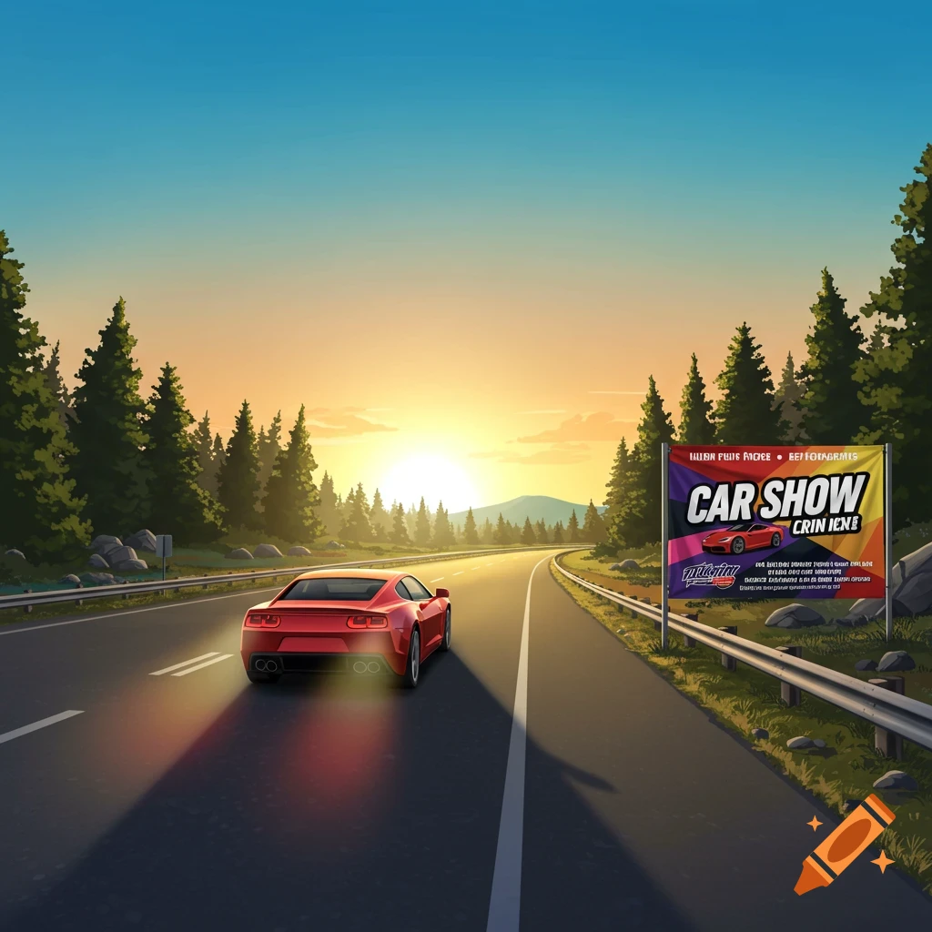 A red car drives on a highway past a car show banner at sunset.