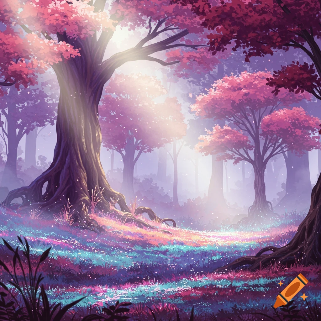 A vibrant fantasy forest with glowing pink trees and iridescent ground cover.