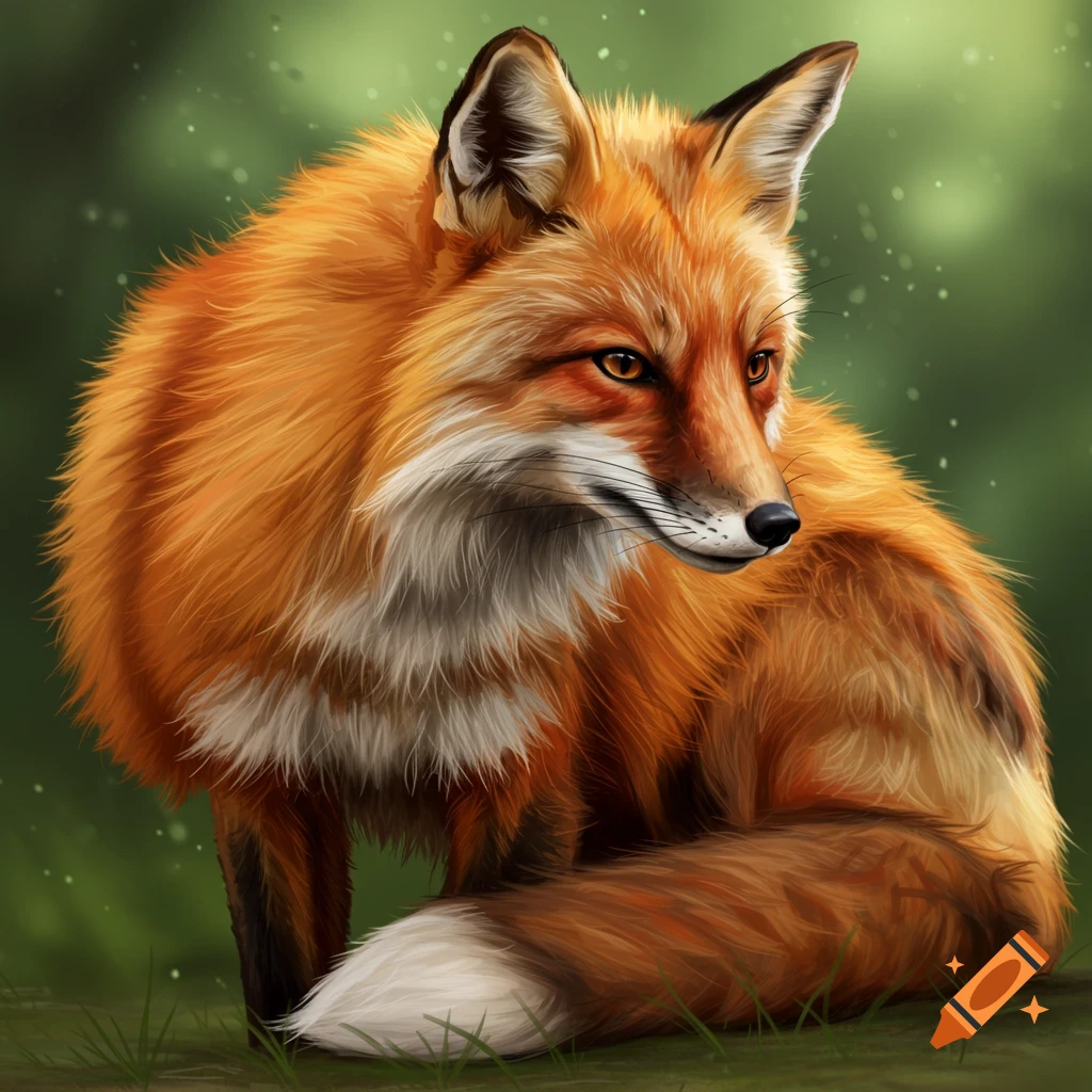 A fluffy red fox sits.