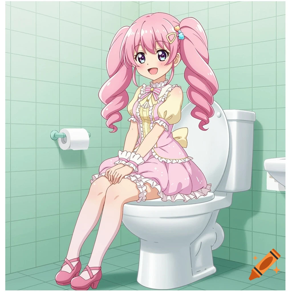 An anime girl with pink twintails sits on a toilet in a bathroom. on ...