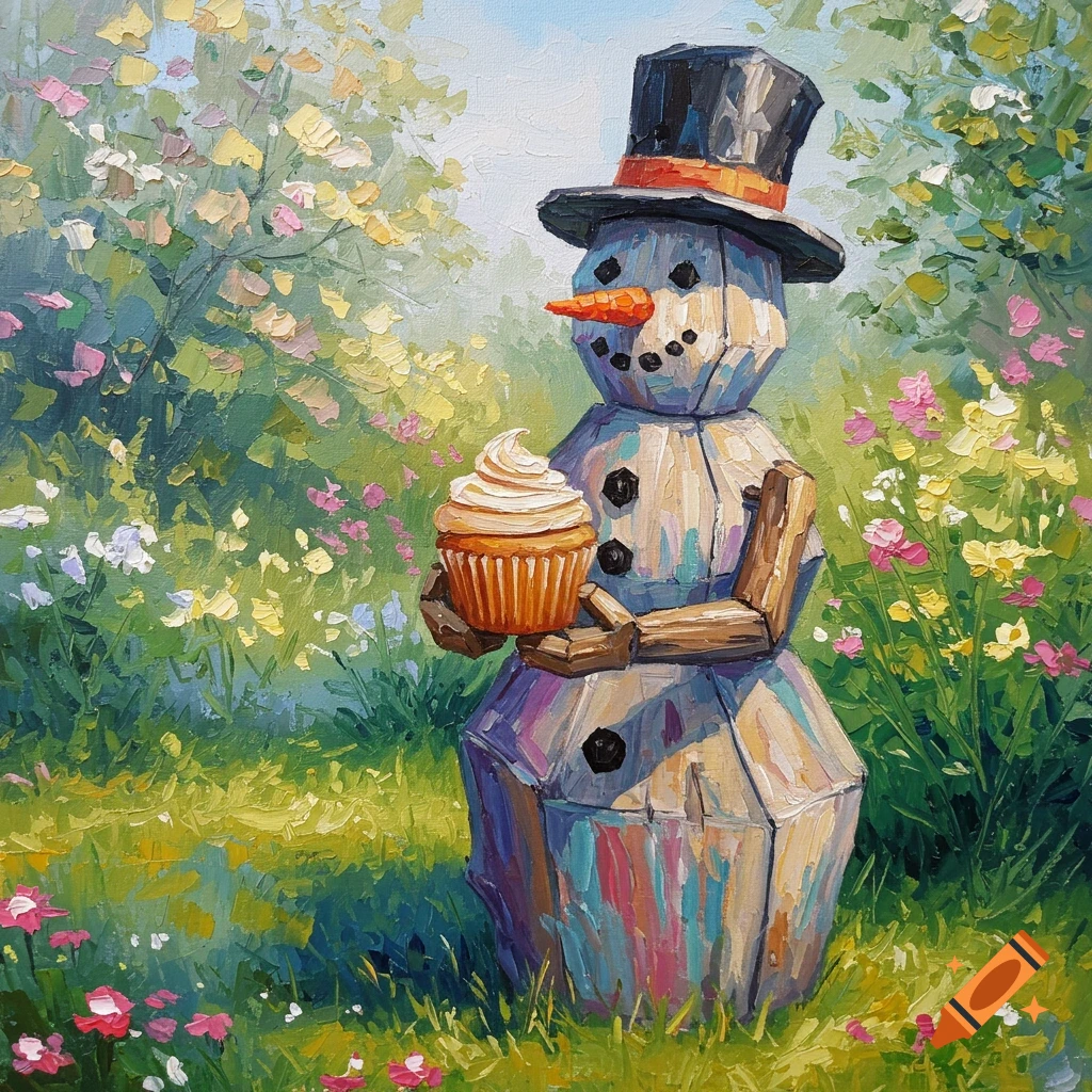 Impressionist painting of a wooden snowman holding a cupcake in a garden.