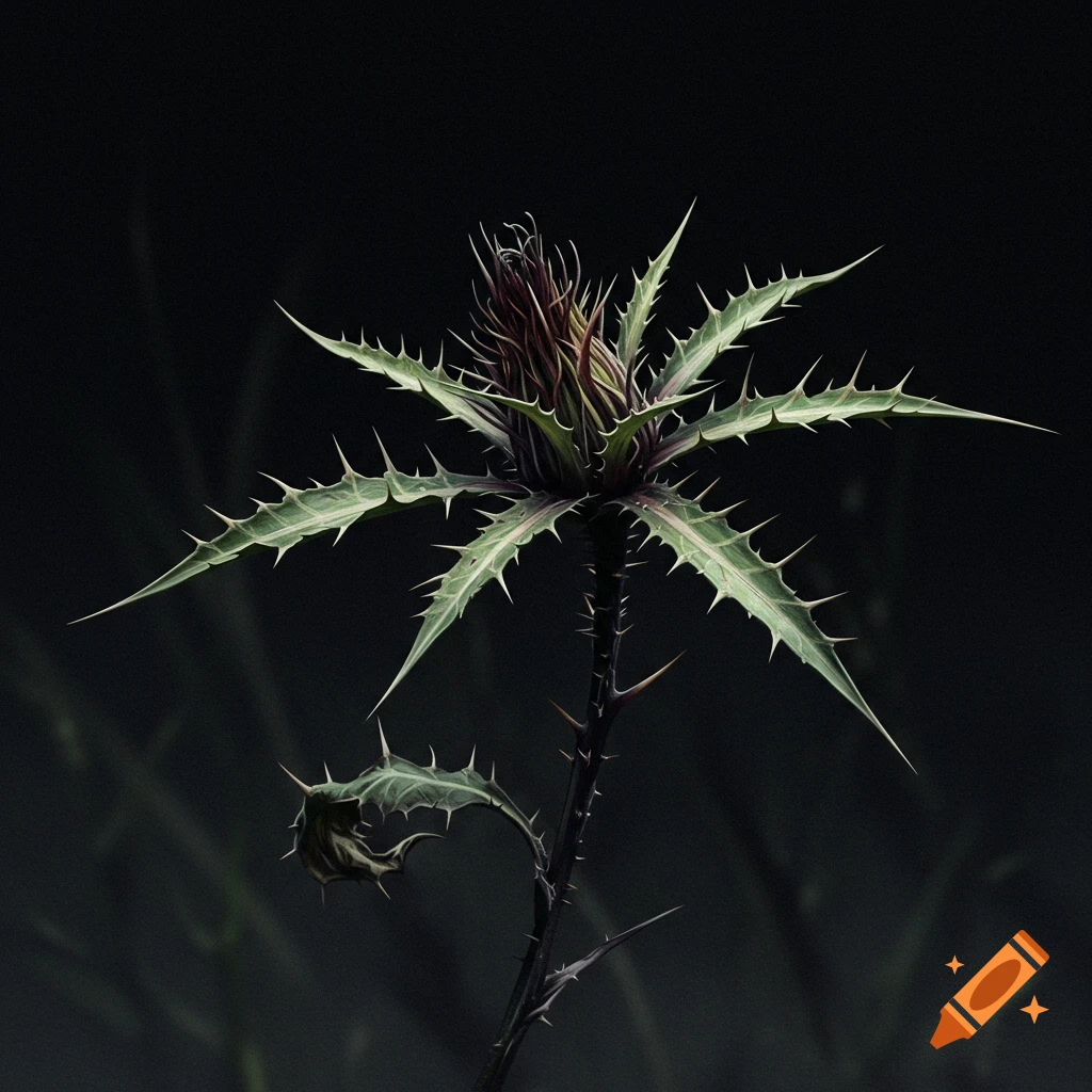 Close-up of a spiky, dark plant against a black background.