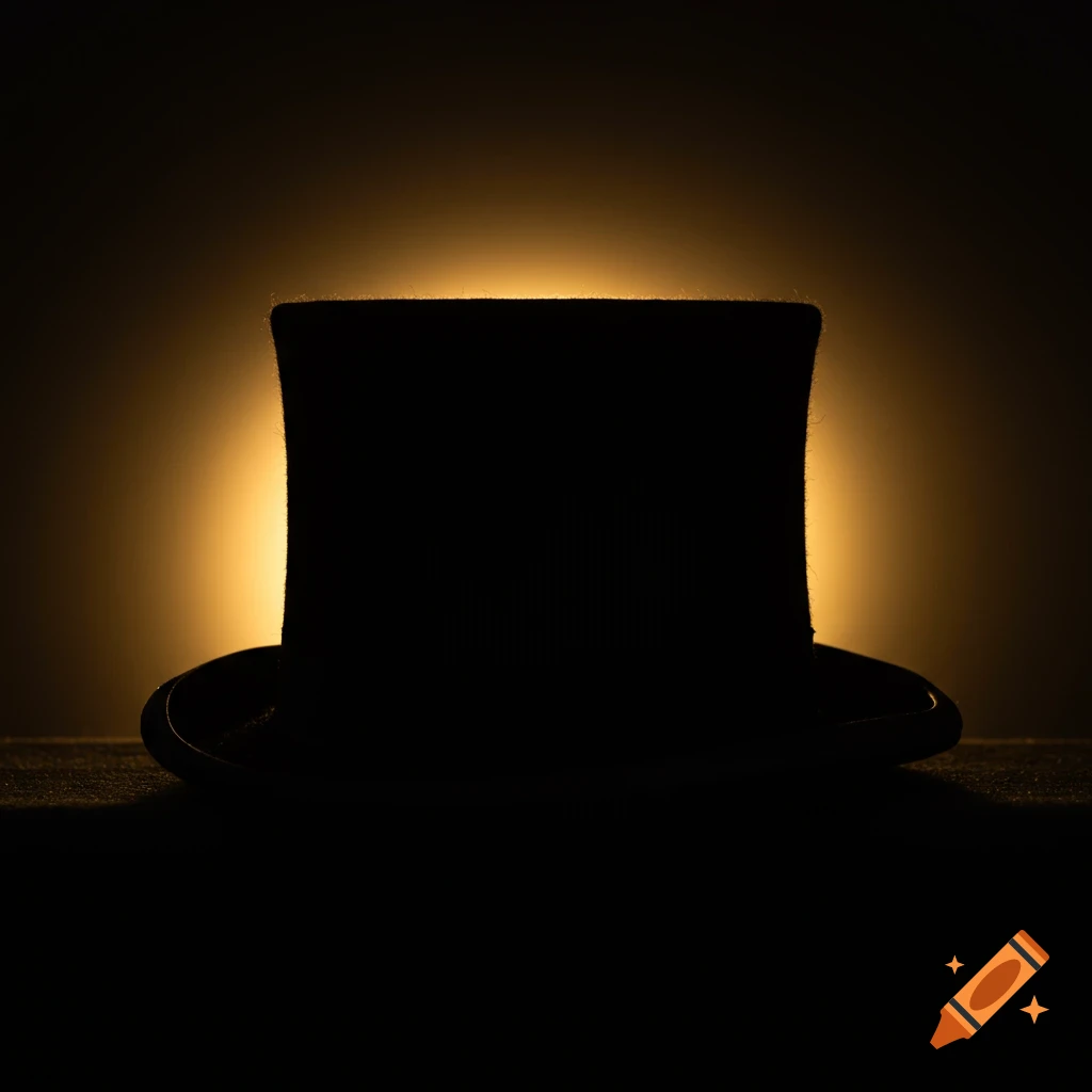 A silhouette of a top hat against a bright, glowing background.