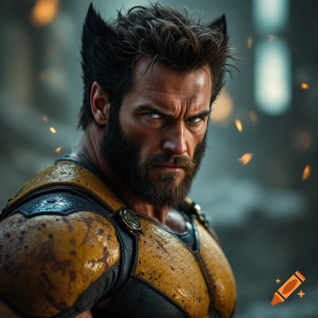 Photorealistic portrait of a man resembling Wolverine with beard and spiky hair, wearing yellow and black armor.