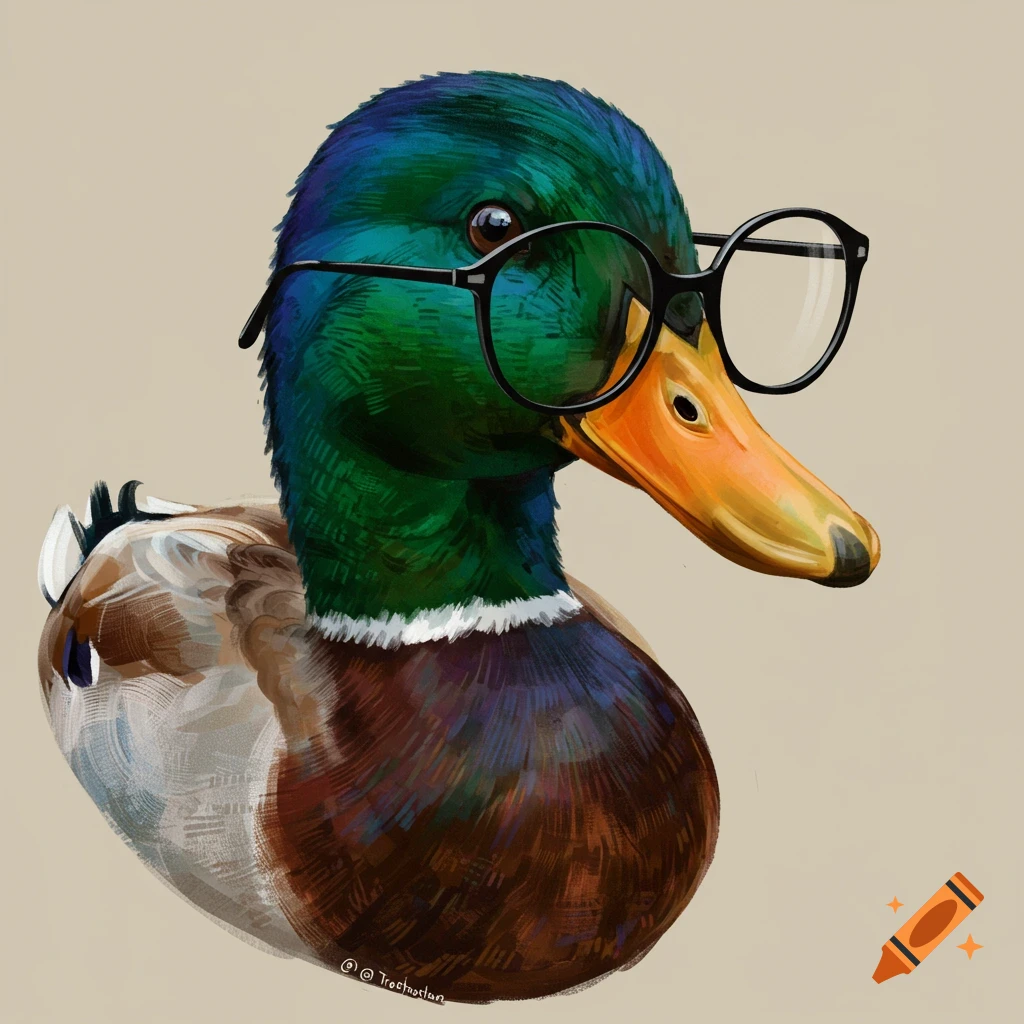 A mallard duck wearing glasses.