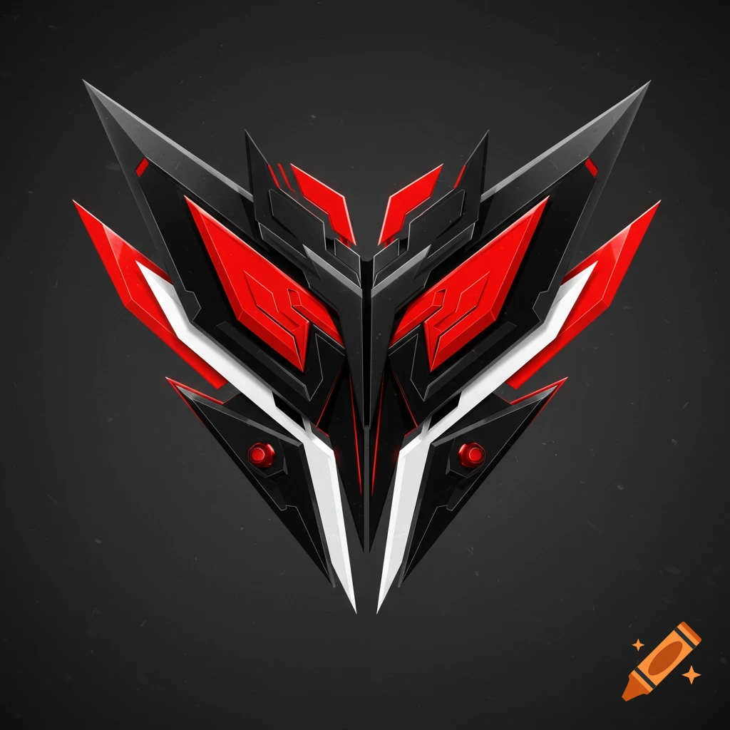 A sharp, geometric logo design in black, red, and white, featuring angular, overlapping shapes.