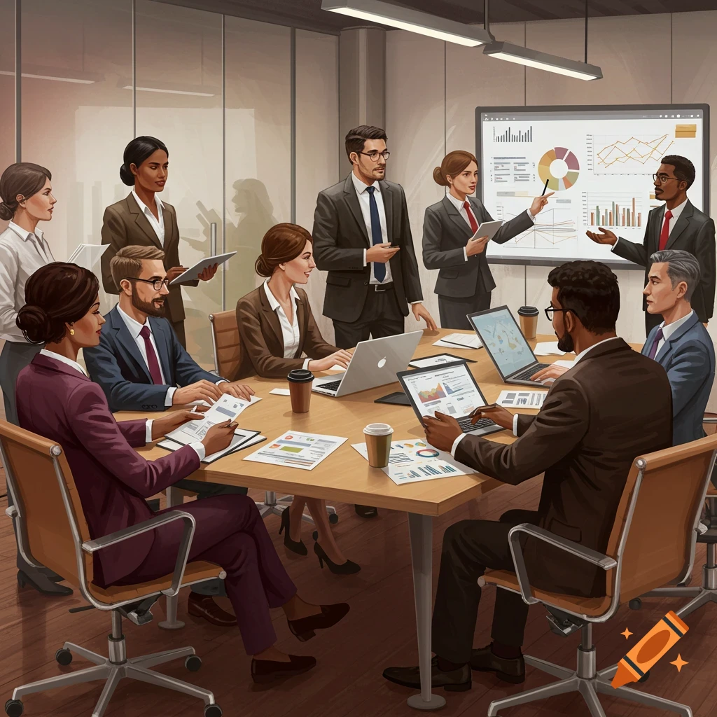 A diverse group of professionals in a meeting room with laptops and charts.