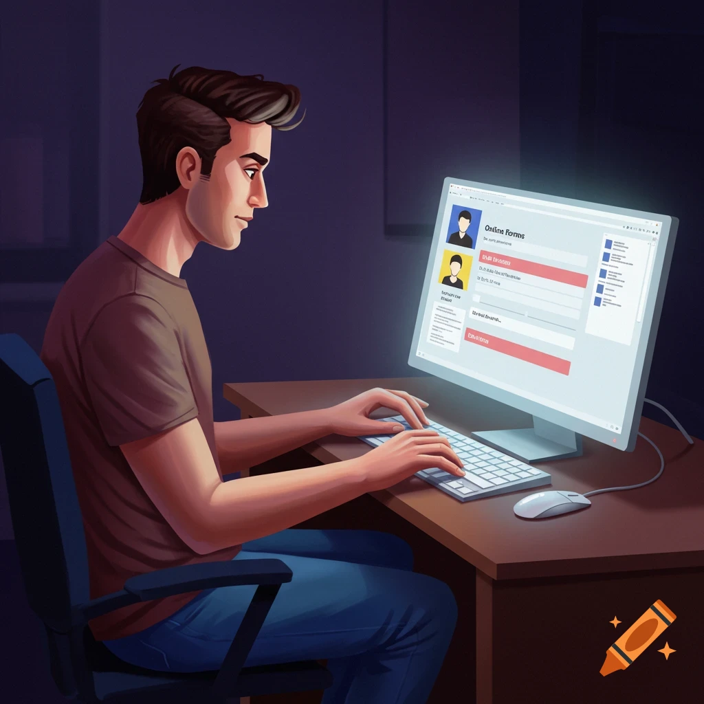 A man sitting at a desk using a computer to fill out online forms.