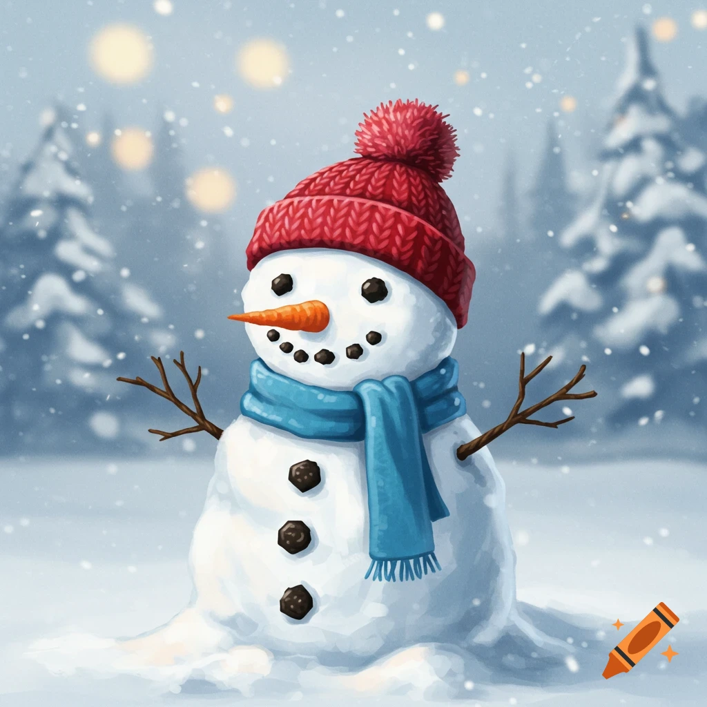 A snowman in a red hat and blue scarf in a snowy winter scene.