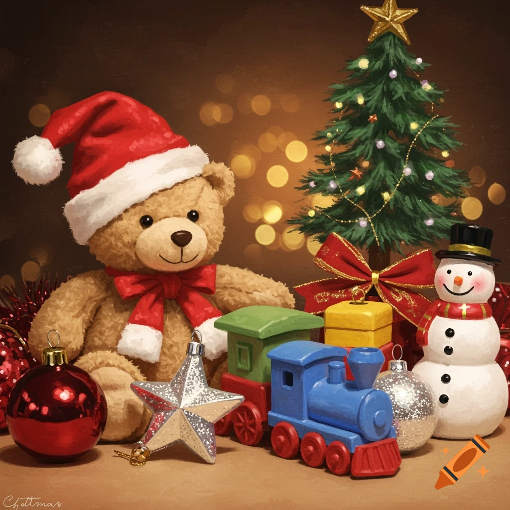 Christmas toys including a teddy bear, snowman, toy train, tree, and ornaments.