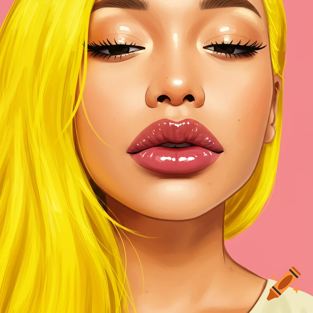 Close-up of a woman with long yellow hair and glossy pink lips.