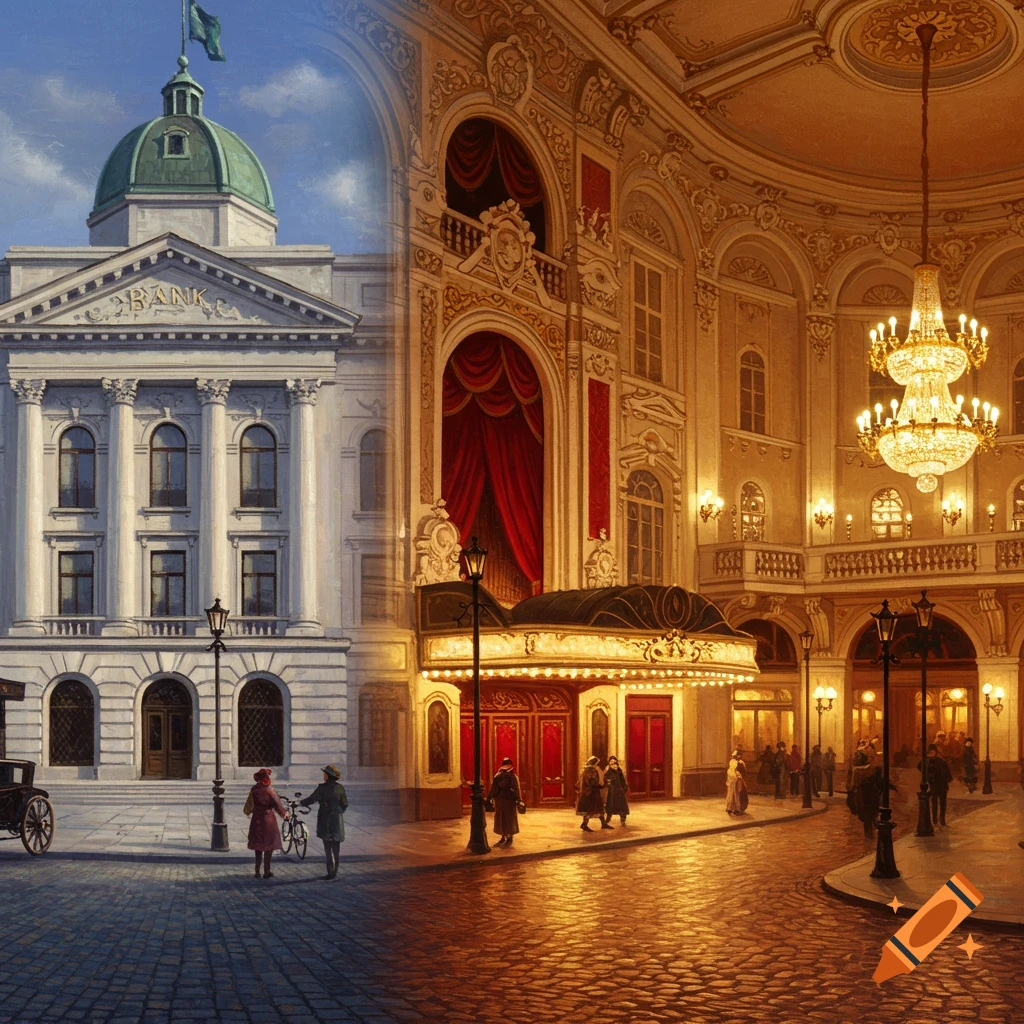 The scene splits between a classical bank building on the left and a brightly lit theatre entrance on the right, with people on the street.