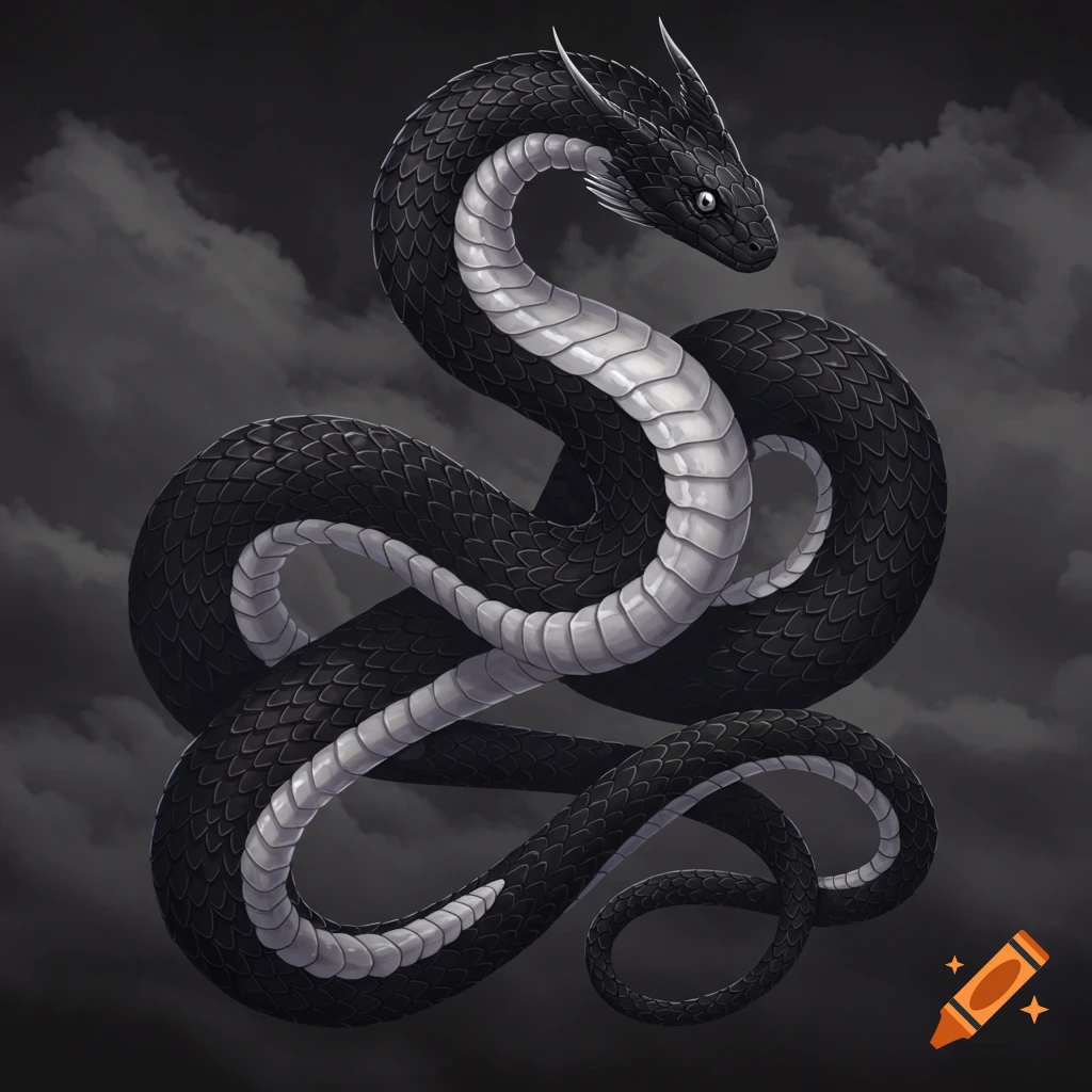A black and silver serpent coiled against a dark, cloudy background.