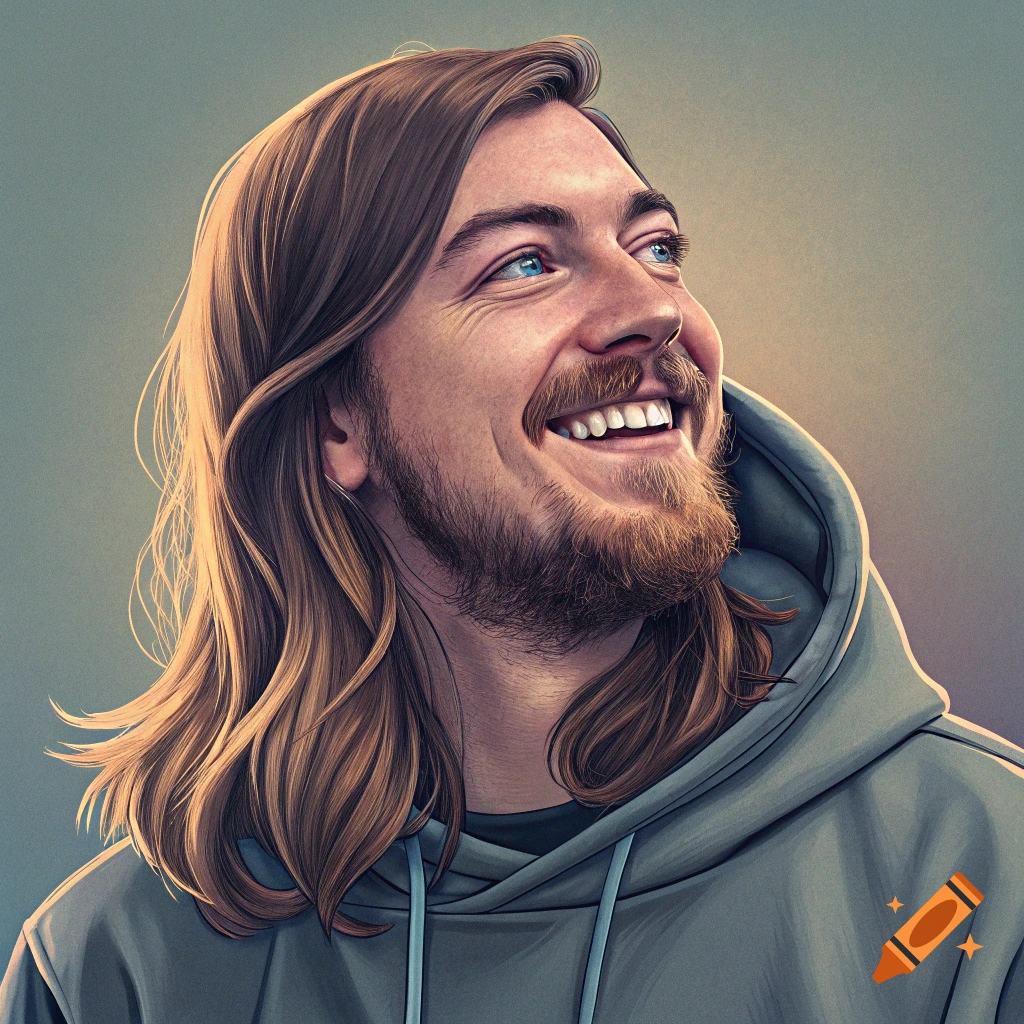 Stylized digital portrait of a smiling man with long hair and beard wearing a hoodie.
