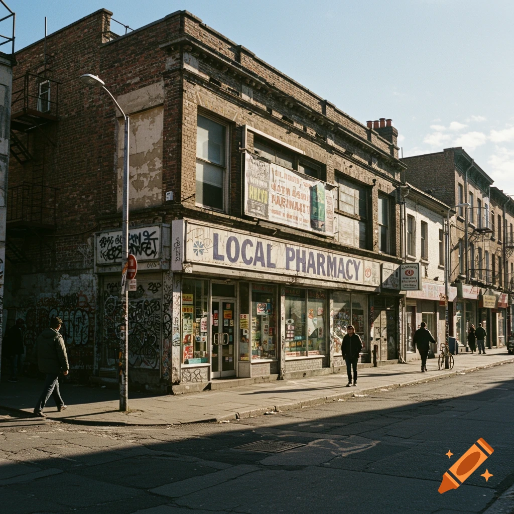 Photorealistic street photography of a brick building with a sign reading 'Local Pharmacy', with people walking on the sidewalk.