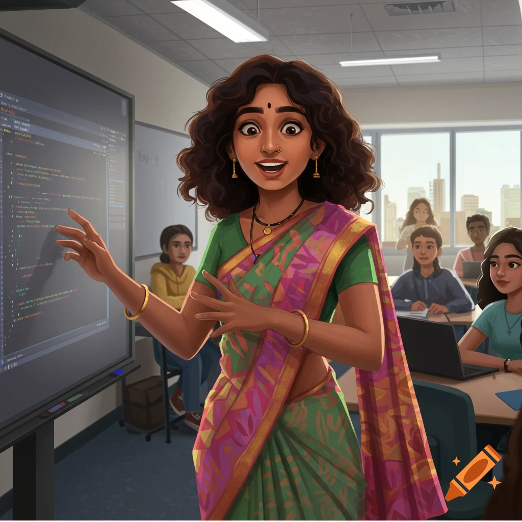 An Indian woman in a sari teaches computer science in a classroom.