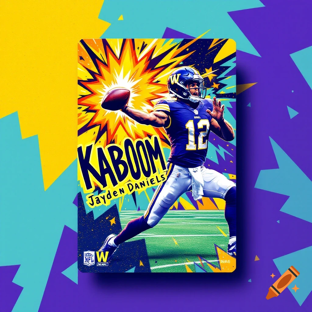 A football player in a purple and gold uniform throws a football on a colorful trading card with "KABOOM" text.