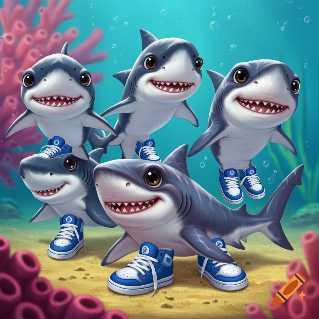 Five cute cartoon baby sharks wearing blue sneakers swim amongst coral.