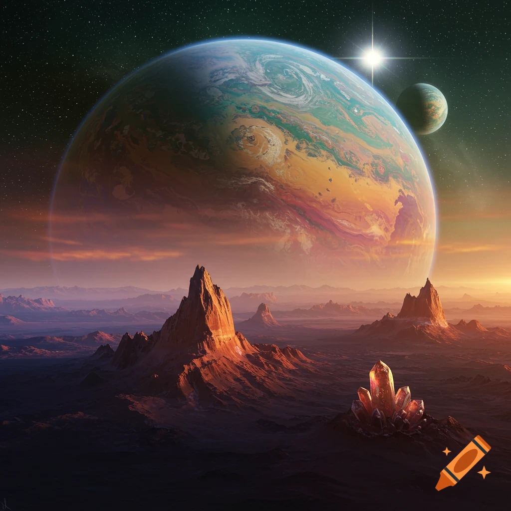 A large planet and moon are visible over a rocky alien landscape with peaks and glowing crystals at sunset.