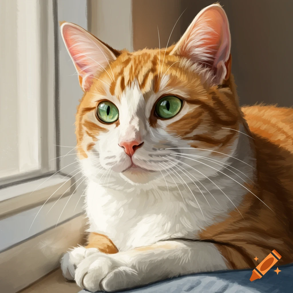 An orange and white tabby cat with green eyes is looking out a window.