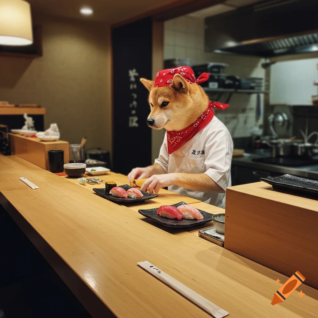 A Shiba Inu wearing a chef bandana and jacket prepares sushi at a counter.