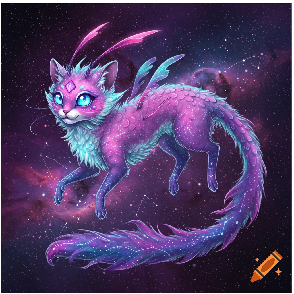 A fantastical pink and purple cat creature with wings and antennae floats in starry space.