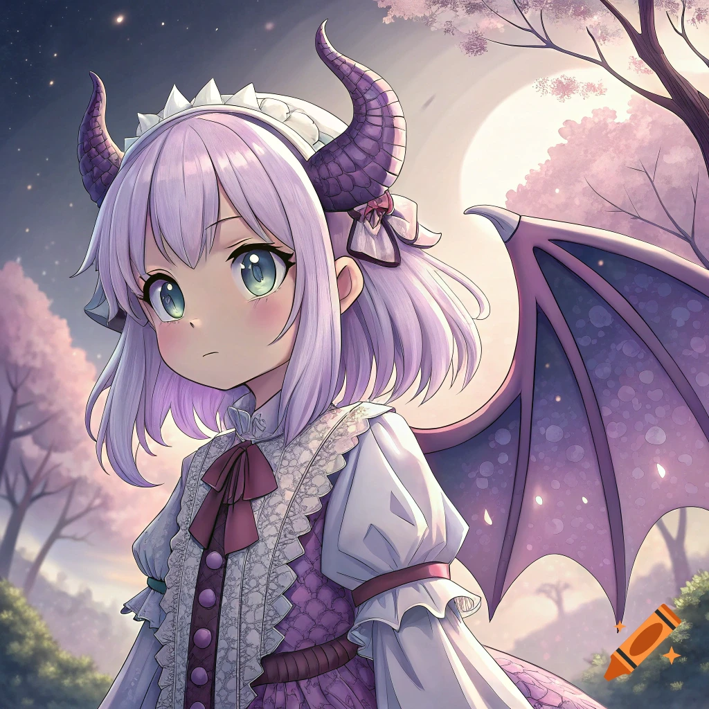 Anime girl with purple hair, horns, and dragon wing in a fantasy forest.
