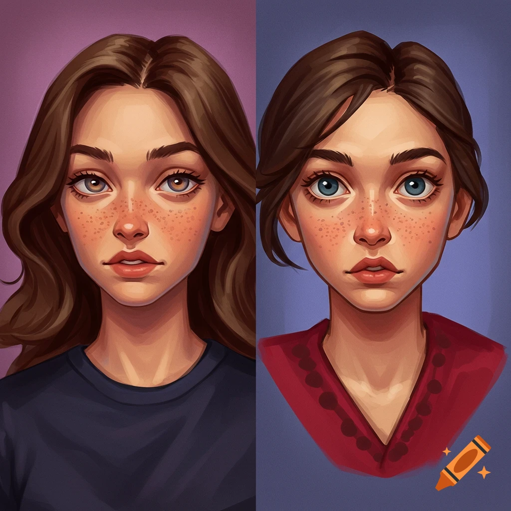 Two stylized portraits of young women, one with brown hair and heterochromia, the other with brown hair and blue eyes.