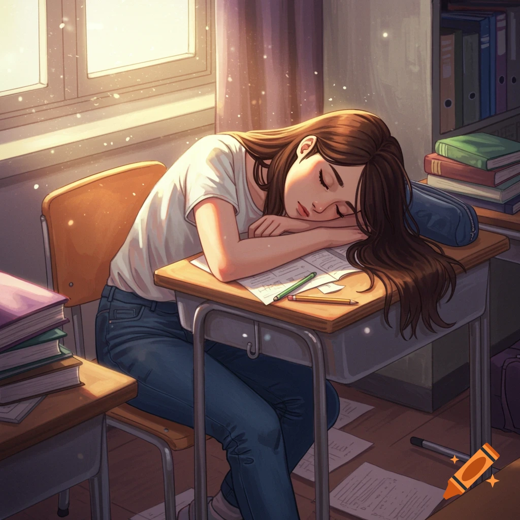 A young girl with brown hair sleeps on her desk in a sunlit classroom, surrounded by books and papers in an anime style.