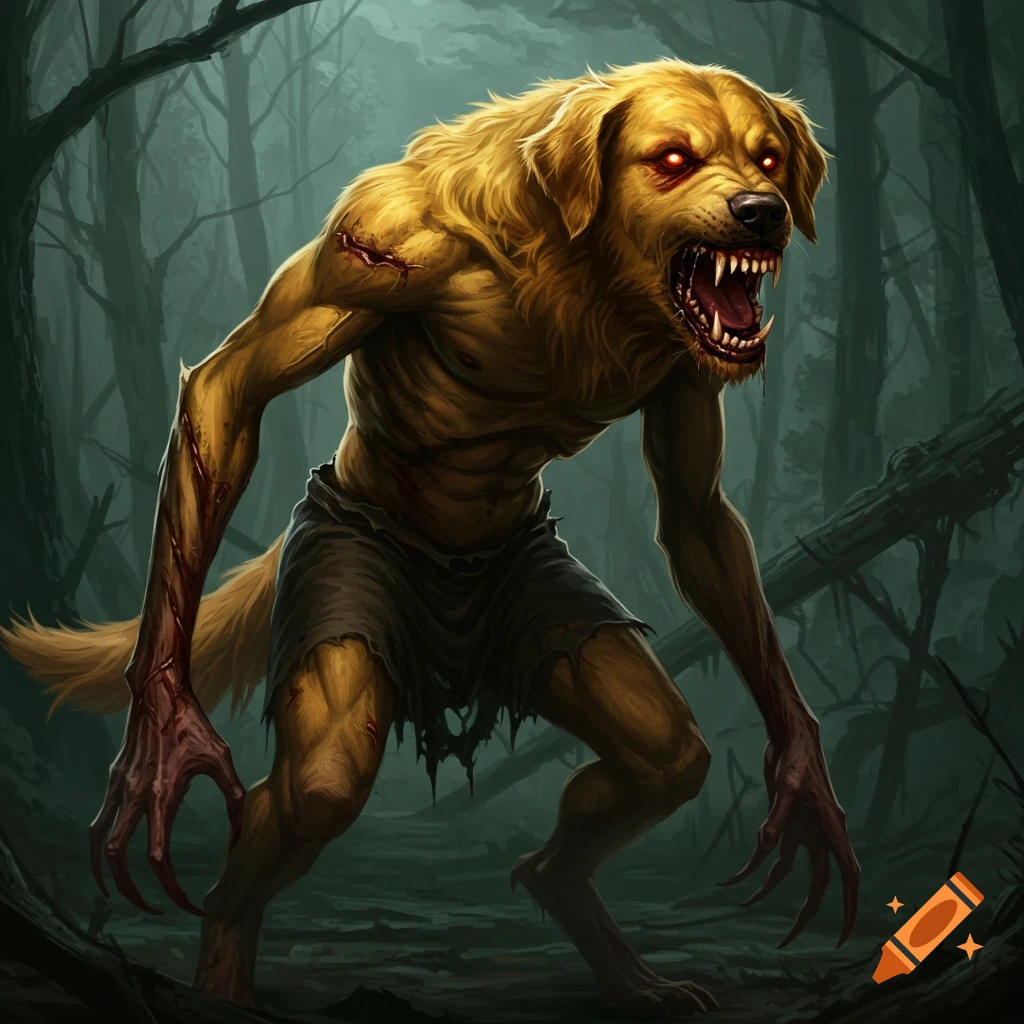 A scary dog-like monster with claws and red eyes stands in a dark forest.