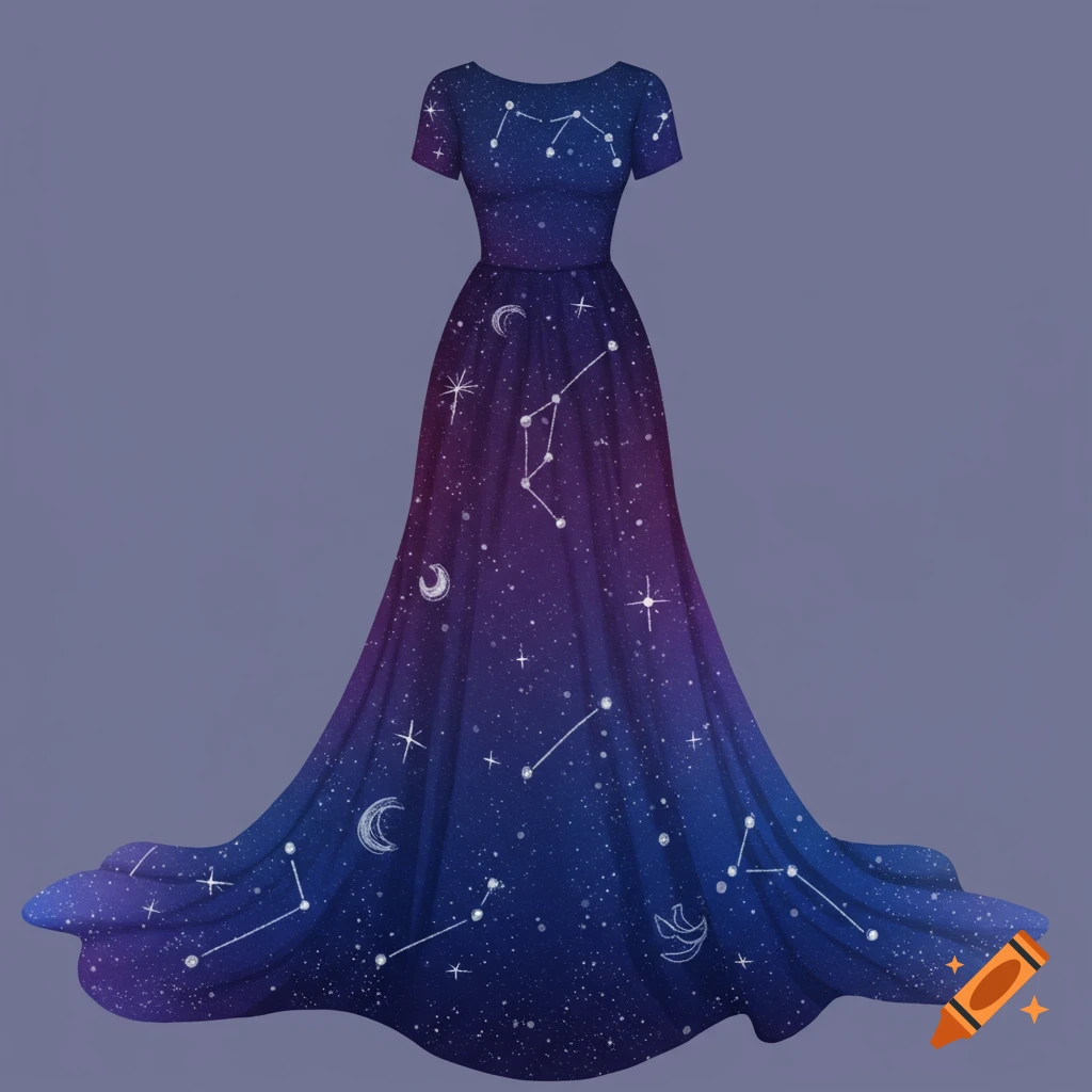Blue and purple ombré dress with stars and constellations.