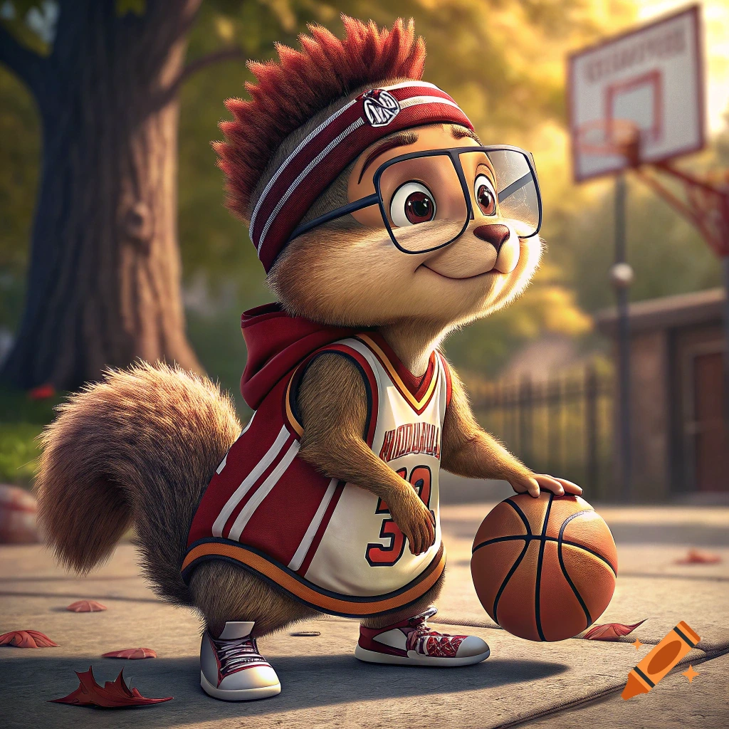 A cartoon chipmunk in a basketball jersey, headband, and glasses holds a basketball on a court.