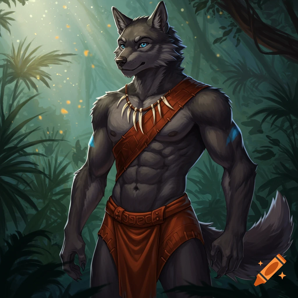 Image of an anthro wolf wearing a loincloth in a jungle