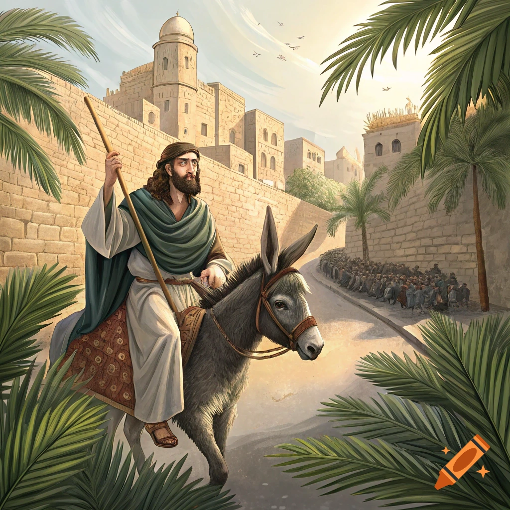 Illustration of Jesus riding a donkey into Jerusalem, with palm leaves and a crowd.