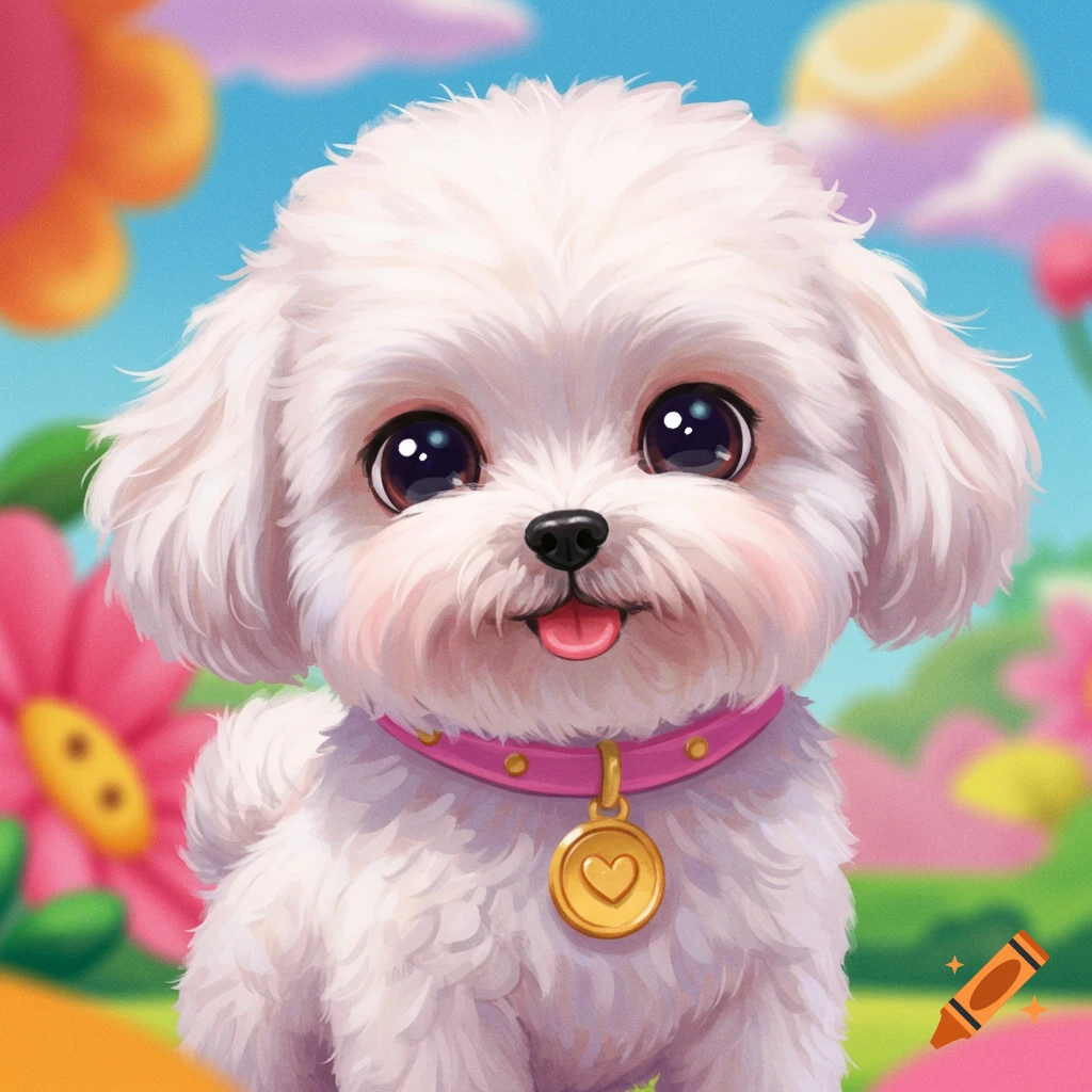 Cute white fluffy dog with big eyes and a pink collar in a bright image