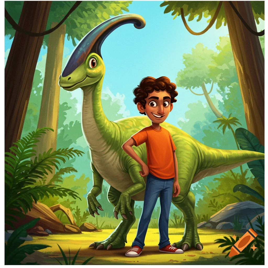 A cartoon boy stands beside a large green dinosaur in a jungle setting.