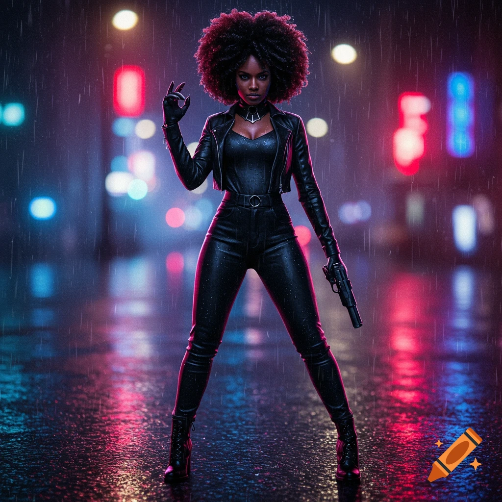 A Black woman in a black leather outfit with a gun stands on a rainy neon city street.