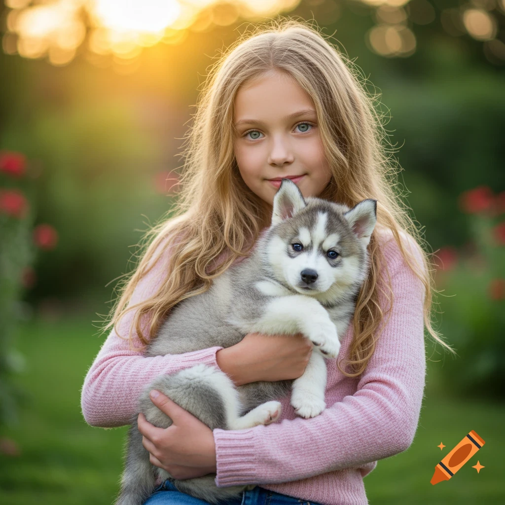 A young girl with blonde hair holds a husky puppy in a garden at sunset. Photography.