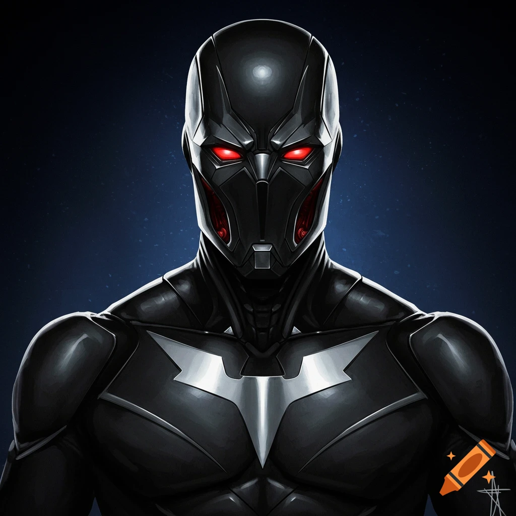 A dark superhero in a black suit with glowing red eyes and a silver bat symbol.