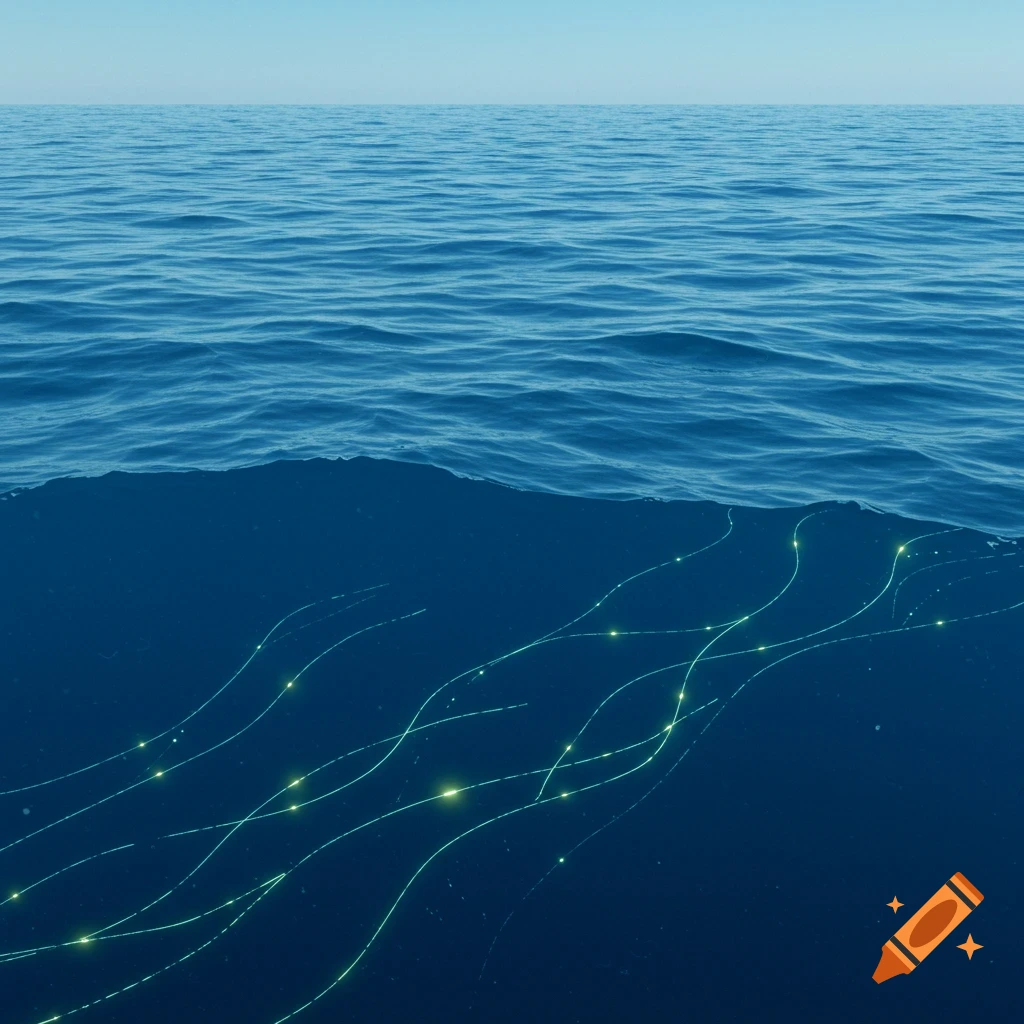 An ocean with glowing green lines underwater.