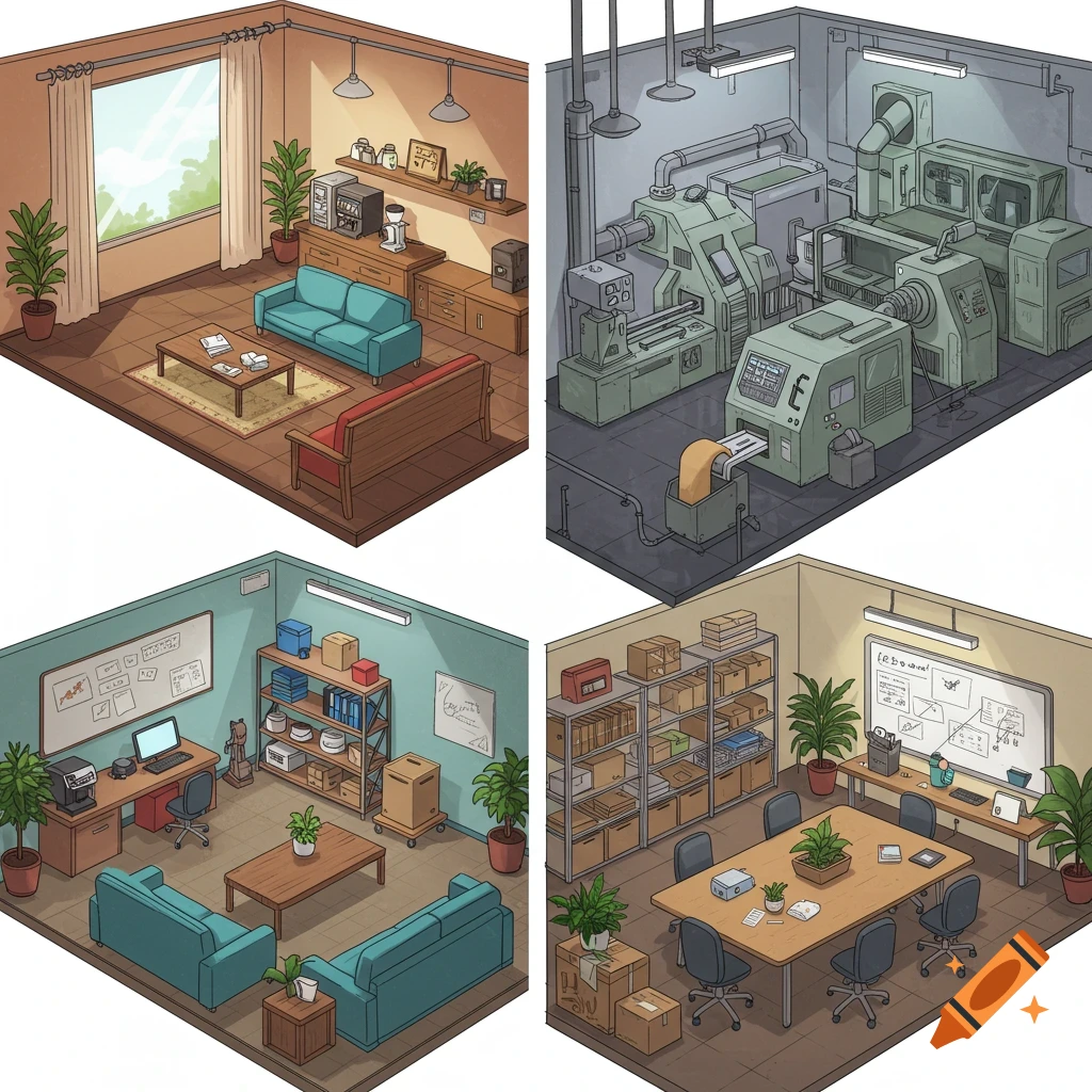 Isometric illustration showing four different rooms: a break room, a manufacturing room, an office, and a meeting room.