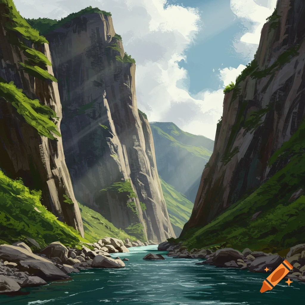 A river flowing through a steep, rocky canyon with green hills under a cloudy sky.