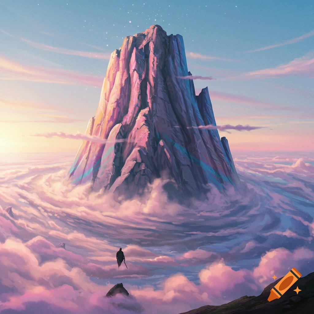 A large, colorful mountain floats above swirling pink and purple clouds at sunset with a figure below.