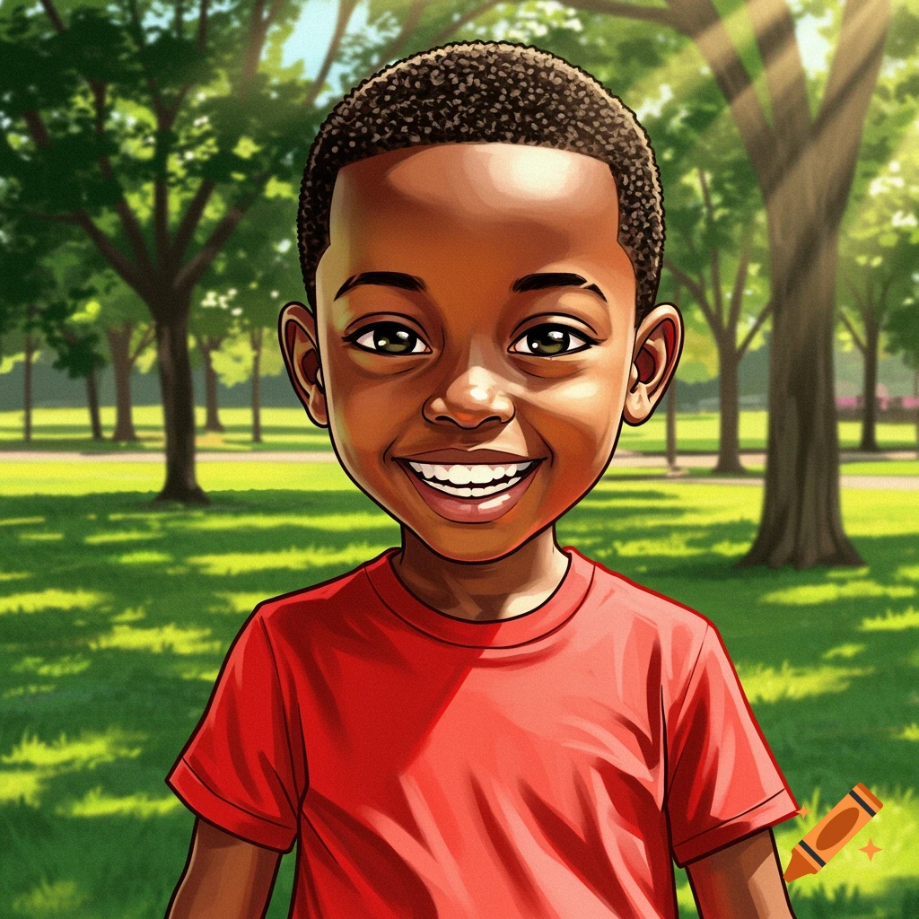 A young black boy with a buzz cut is smiling in a sunny park.