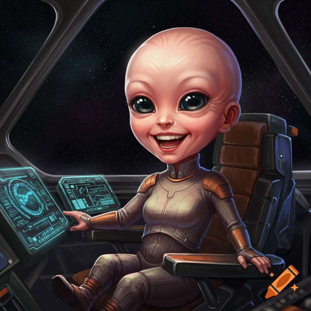 Cartoony alien character sitting in a spaceship cockpit, smiling.