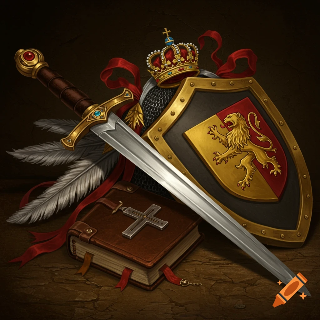 A sword, shield with a lion crest, crown, bible, and feathers arranged on a table.